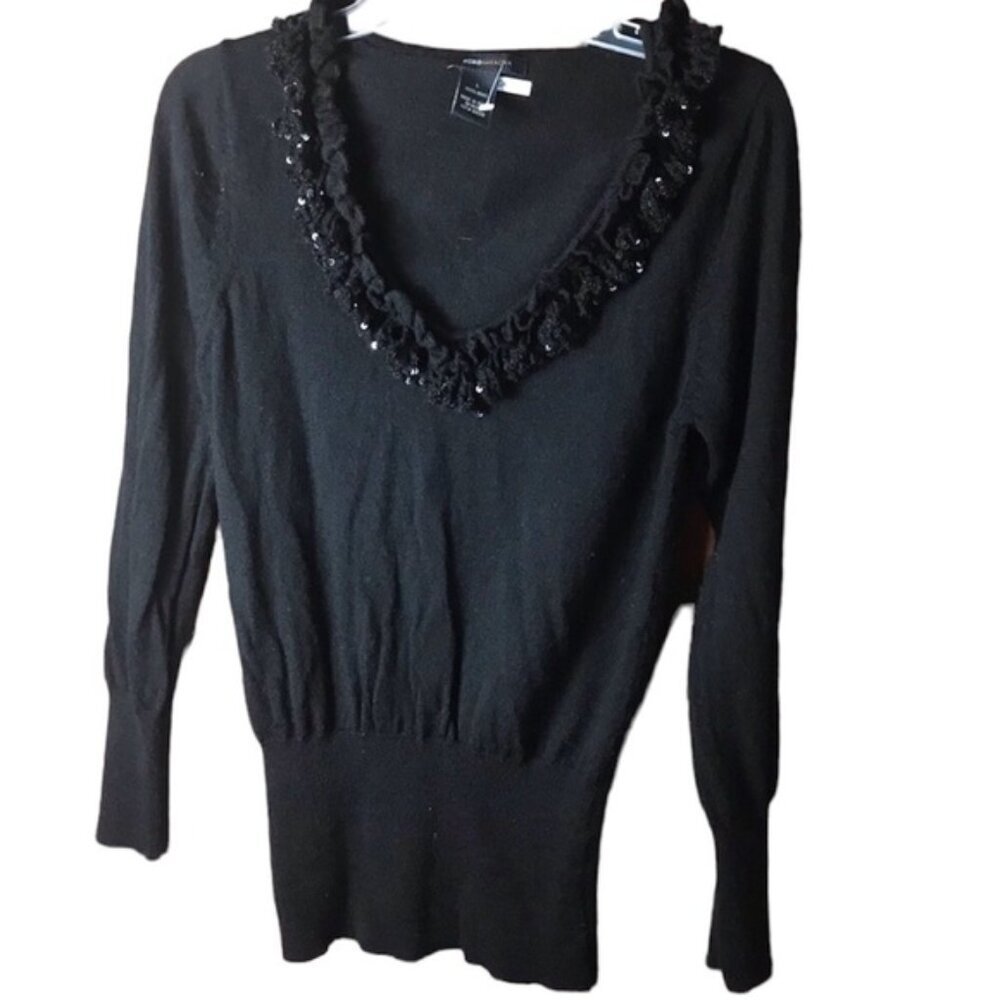 Bcbgmaxazria NEW Ruffle Sequins Scoop Neck 100% Wool Sweater Top Soft Crochet L